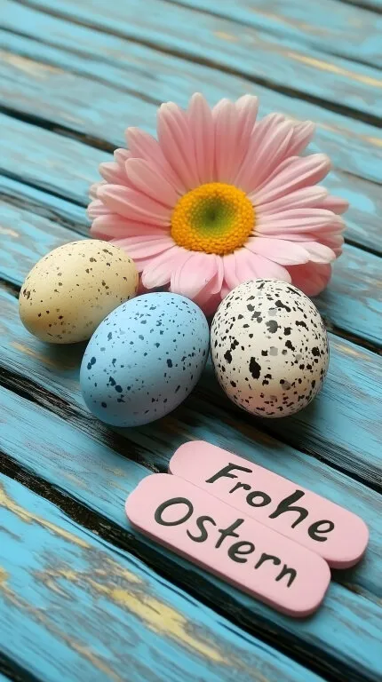 Frohes Osterfest - Bunte Ostereier und Gänseblümchen auf Holz