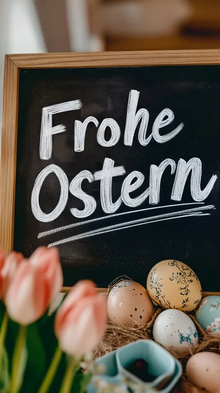 Frohes Osterfest - Kreidetafel mit Nest und Eiern