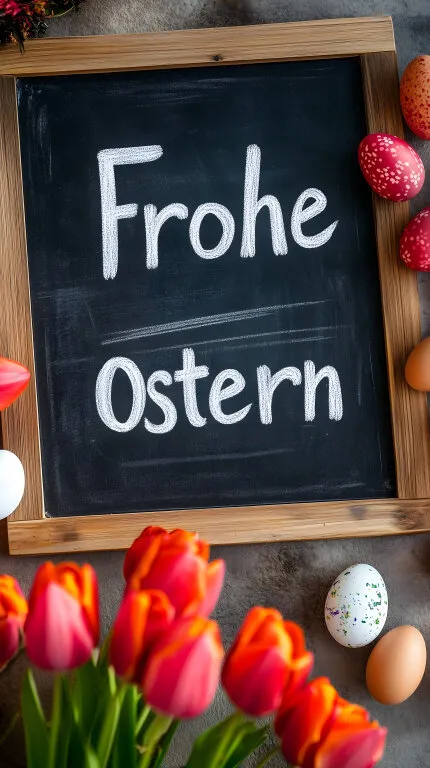 Frohes Osterfest mit Tafel, Tulpen und Eiern