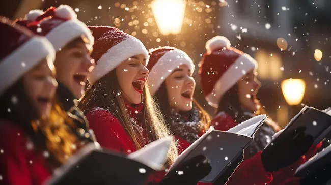 Frohes Weihnachtssingen im verschneiten Dämmerlicht