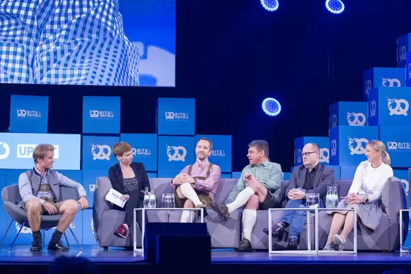 from left to right - Nico Rosberg, Britta Weddeling, Florian Reuter, Dr. Carsten Breitfeld, Dr. Lars Krause und Silja Pieh at a talk about the Future of Mobility