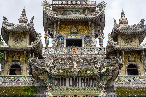 Front Gate of Linh Phuoc Pagoda with many Ornaments and Statues in Da Lat, Vietnam