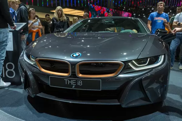 Front view of PHEV sports car BMW i8 Coupé during an international car show