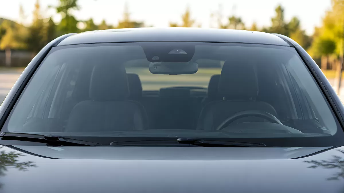 Frontscheibe eines grauen Autos von vorne