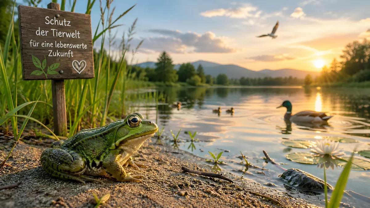 Frosch am Seeufer mit Naturschutz-Schild bei Sonnenuntergang