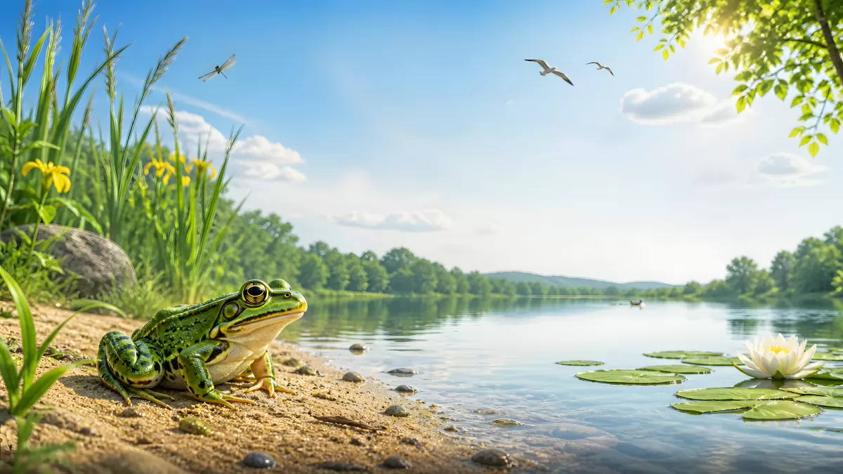 Frosch am Seeufer mit Seerosen im Sommer