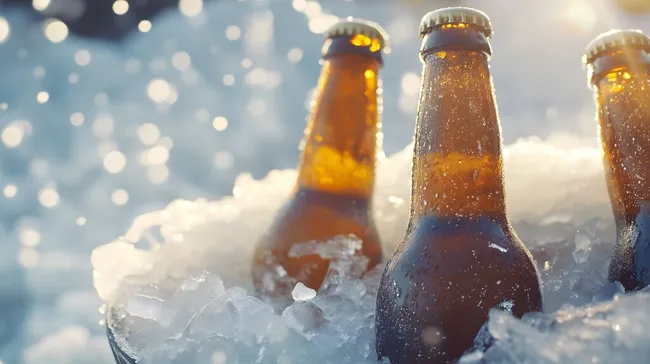 Frostige Bierflaschen im Eiswürfel-Eimer bei Sonnenlicht