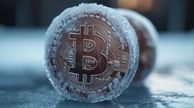Frostige Bitcoin-Münze mit eisiger Oberfläche