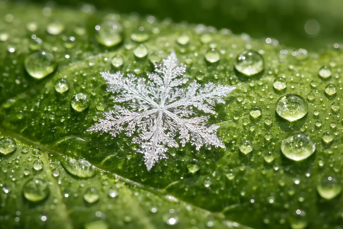 Frostige Schneeflocke auf grünen Blättern