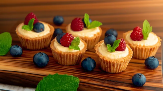 Fruchtige Minitörtchen auf rustikalem Holzbrett