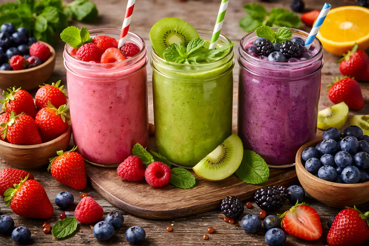 Fruchtige Smoothie-Kreationen in Gläsern