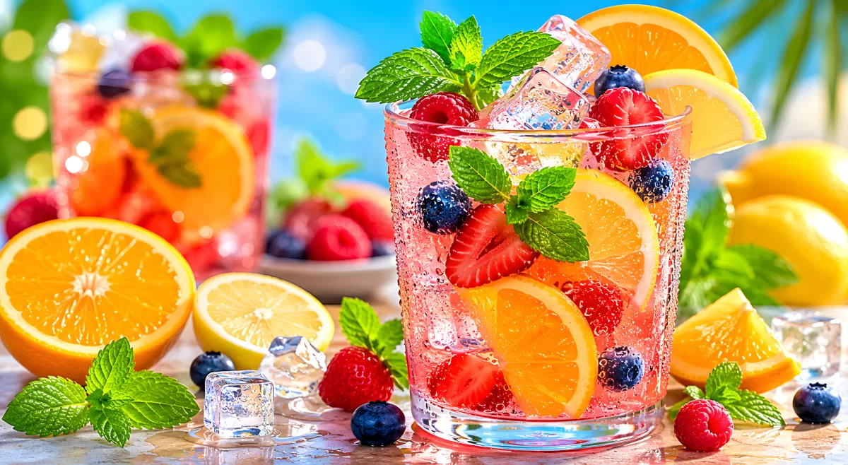 Fruchtige Sommergetränke mit Beeren und Orangenscheiben