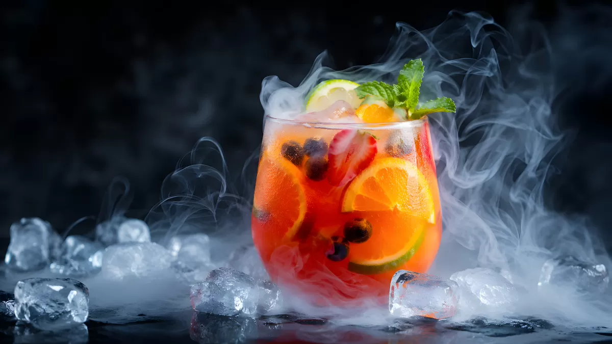 Fruchtiger Cocktail mit Trockeneis und Orangenscheiben