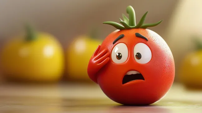 Fruchtiger Comic-Tomatenausdruck mit erhobener Hand