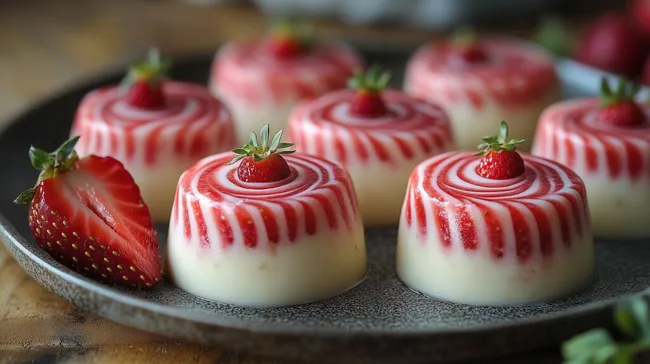 Fruchtiger Erdbeerfrozen-Joghurt-Dessert mit dekorativem Streifenmuster