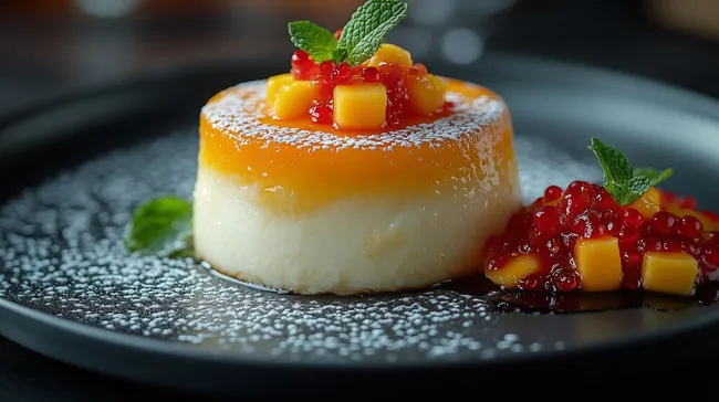 Fruchtiges Kokos-Dessert mit tropischen Früchten