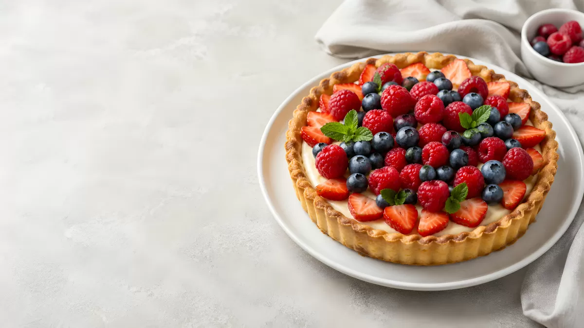 Fruchttarte mit Beeren und Vanillecreme auf Teller