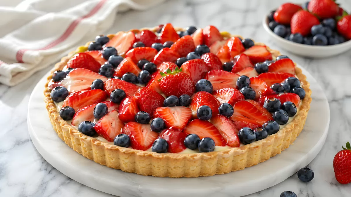 Fruchttarte mit Erdbeeren und Blaubeeren auf Marmor