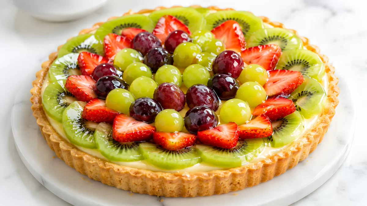 Fruchttarte mit Kiwi, Erdbeeren und Weintrauben