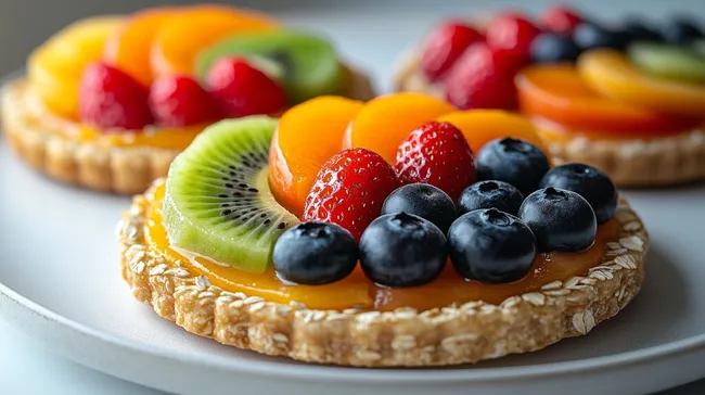 Fruchttörtchen mit bunten Beeren und Früchten