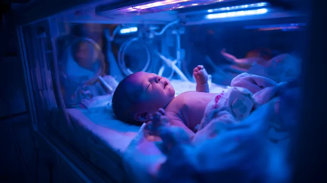 Frühgeborenes Baby im Inkubator unter Phototherapie-Licht