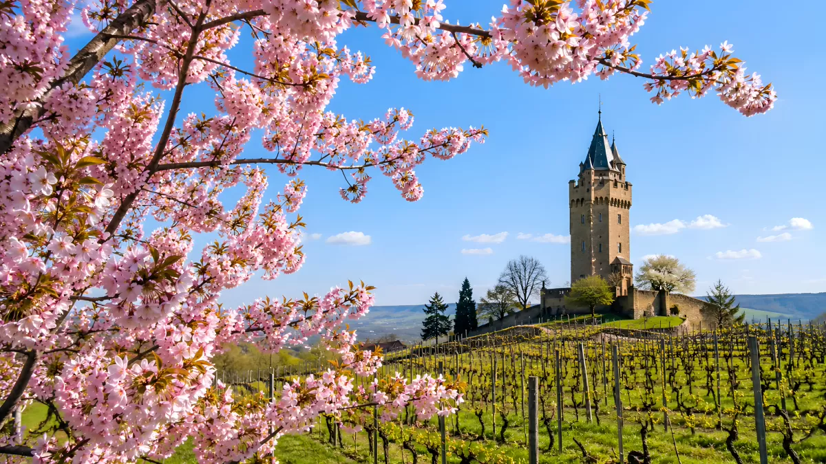 Frühling im Weinberg mit mittelalterlichem Burgturm