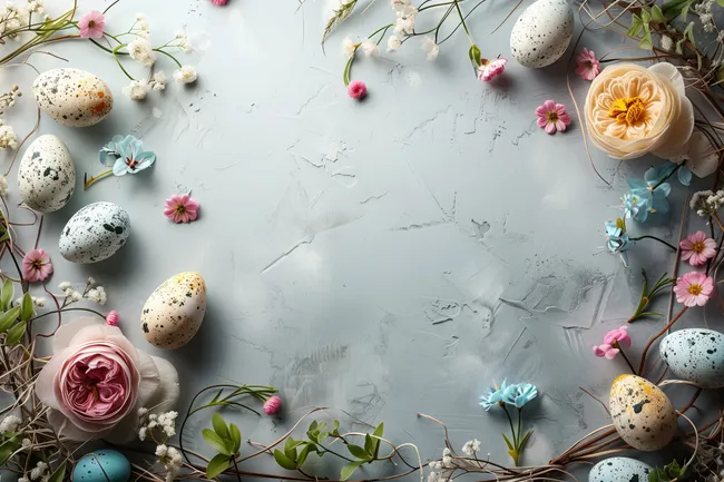 Frühlings-Collage mit Blüten und Ostereiern