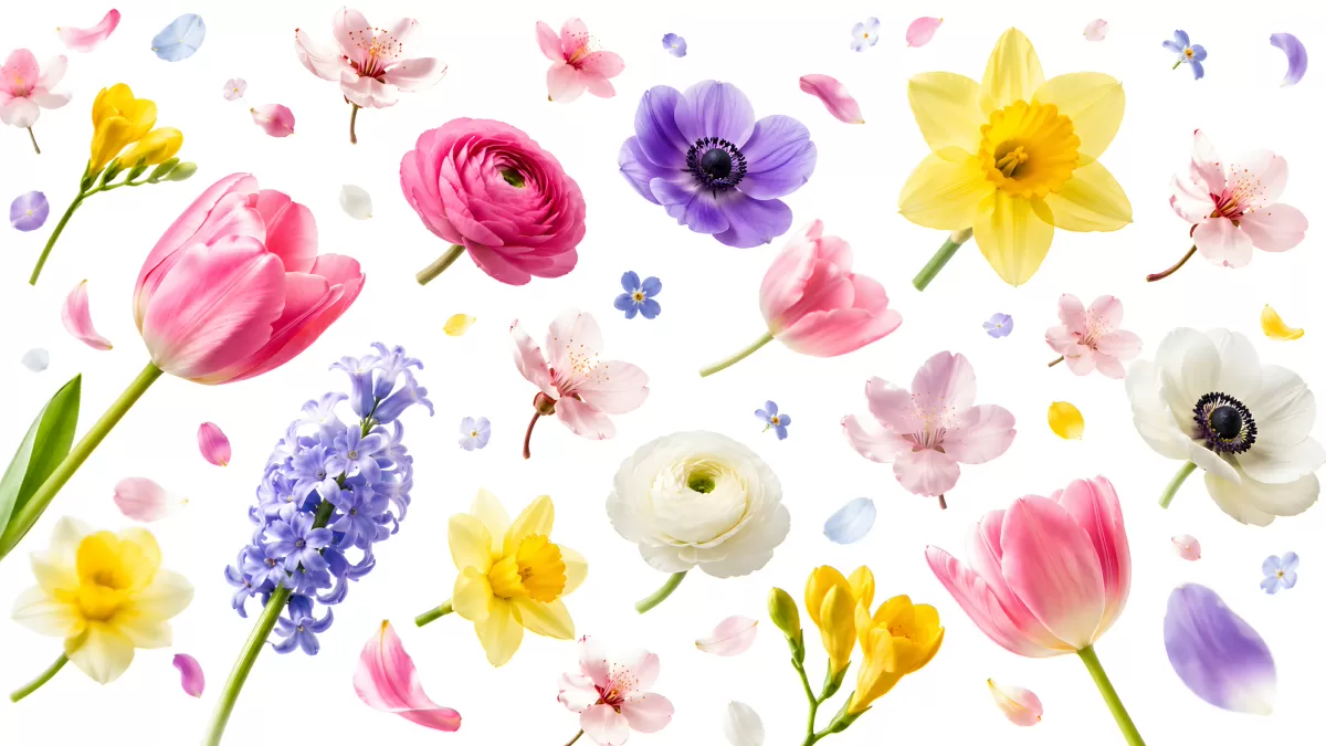Frühlingsblumen auf weißem Hintergrund arrangiert