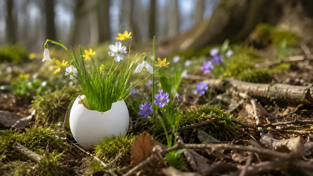 Frühlingsblumen wachsen aus gebrochenem Ei im Wald