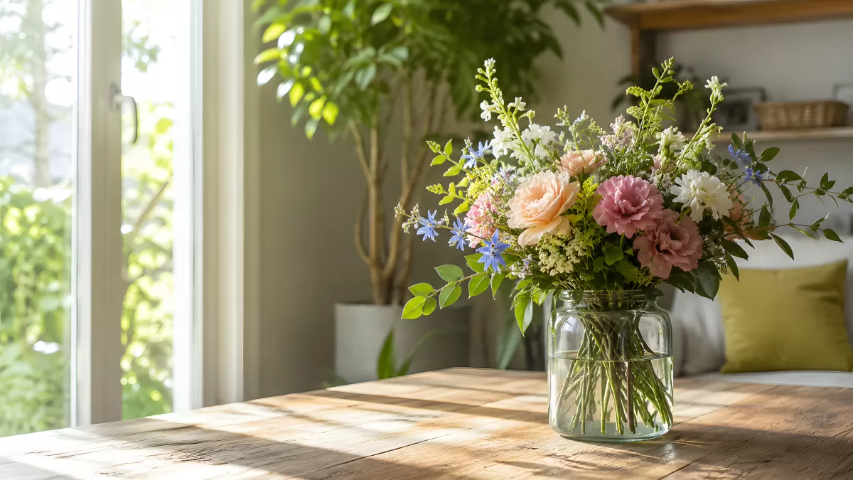 Frühlingsblumenstrauß in Glasvase auf Holztisch