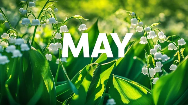 Frühlingsboten: Maiglöckchen und Mai-Schriftzug