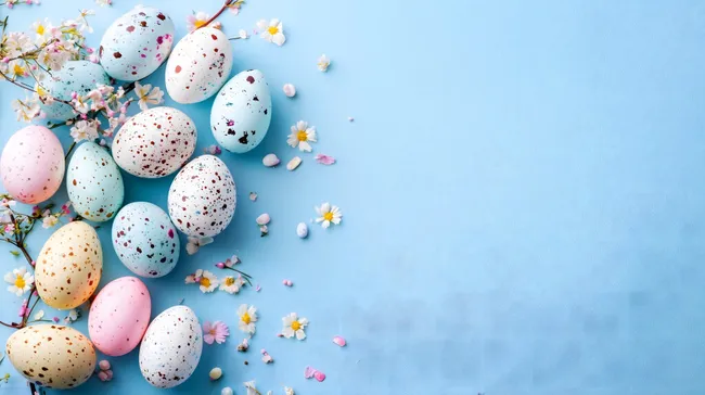 Frühlingsfröhliche Osterdekoration mit Eiern und Blüten