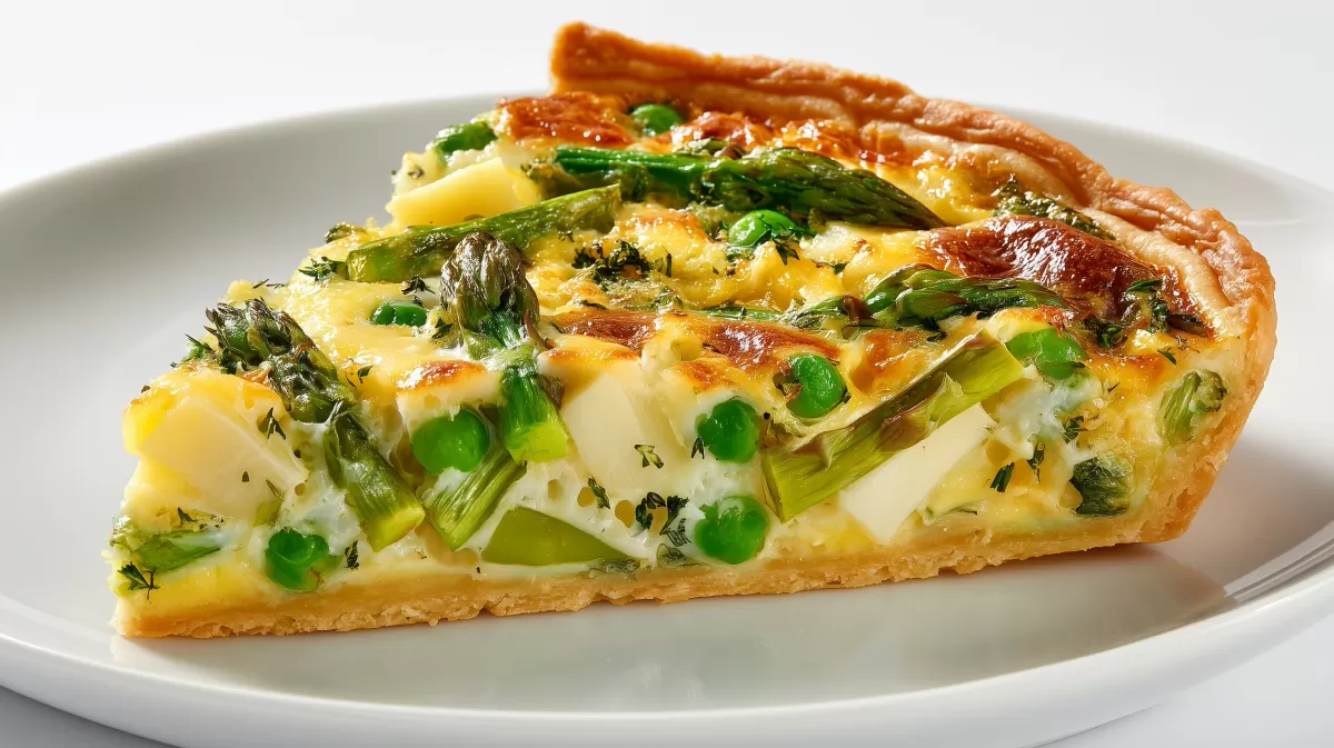 Frühlingsgemüse Quiche mit Bergkäse auf Teller