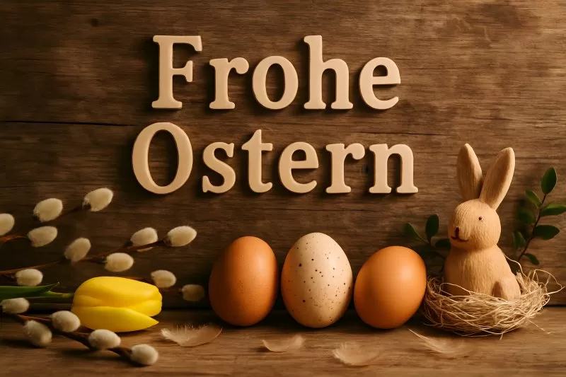 Frühlingshaft dekorierte Ostereier und Hase