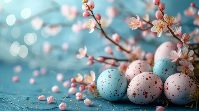 Frühlingshafte Dekoration mit Kirschblüten und bemalten Eiern