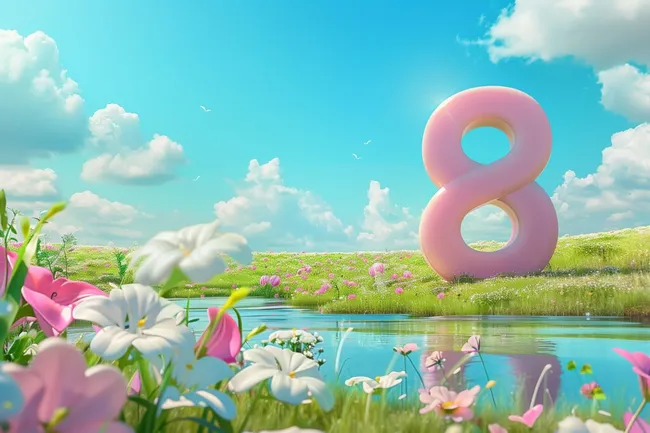 Frühlingshafte Szenerie mit riesiger Nummer Acht