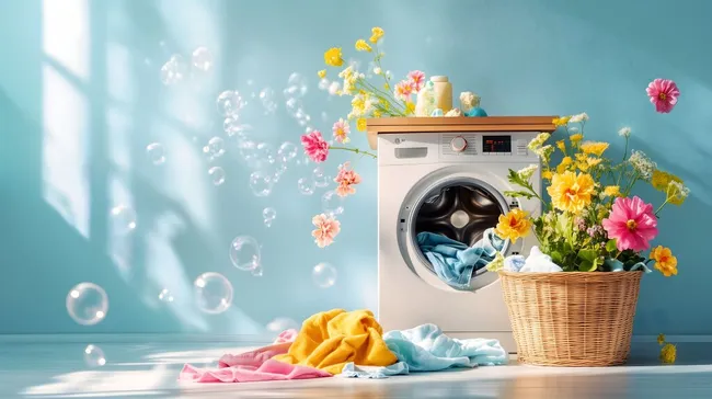 Frühlingshafte Waschszene mit bunter Blumendeko