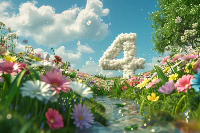 Frühlingshafter Blumentraum mit schwebender Zahl vier