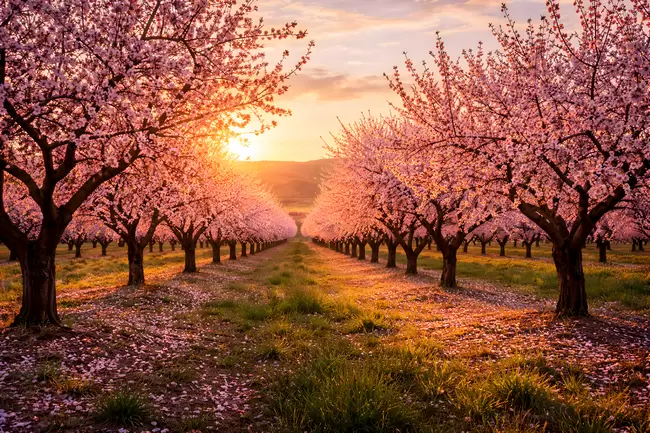 Frühlingshafter Kirschblütenweg im Sonnenuntergang