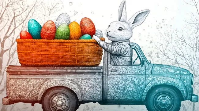 Frühlingshafter Osterkorb auf Vintage-Pickup