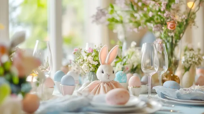 Frühlingshafter Ostertisch mit Hasen, Blüten und Eiern