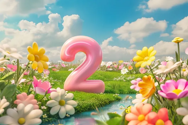 Frühlingshaftes Blumenfeld mit pinker Nummer 2