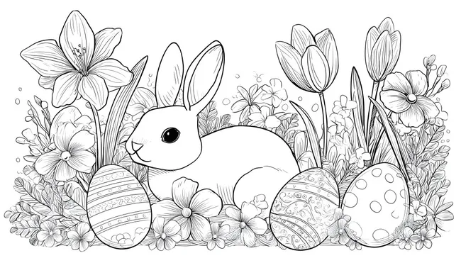 Frühlingshaftes Osterhasenmotiv mit bunten Blumen und Eiern