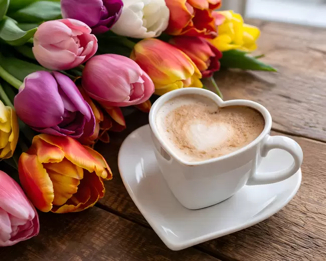 Frühlingskaffee mit bunten Tulpen