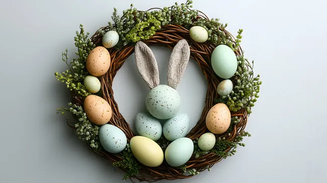 Frühlingskranz mit bunten Ostereiern und Hasenohren