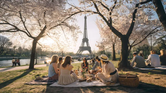 Frühlingspicknick am Eiffelturm in Paris