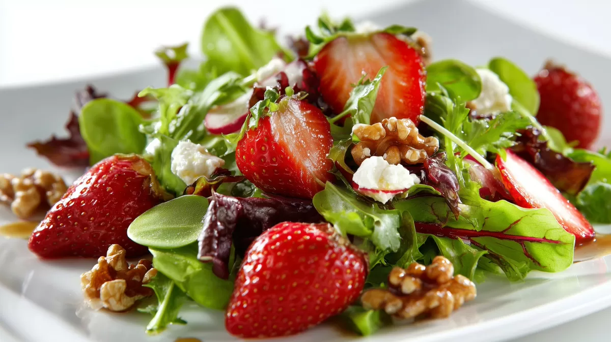 Frühlingssalat mit Radieschen und Erdbeeren auf Teller