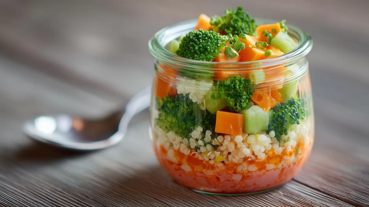 Frühlingssuppe im Glas mit Brokkoli und Karotten