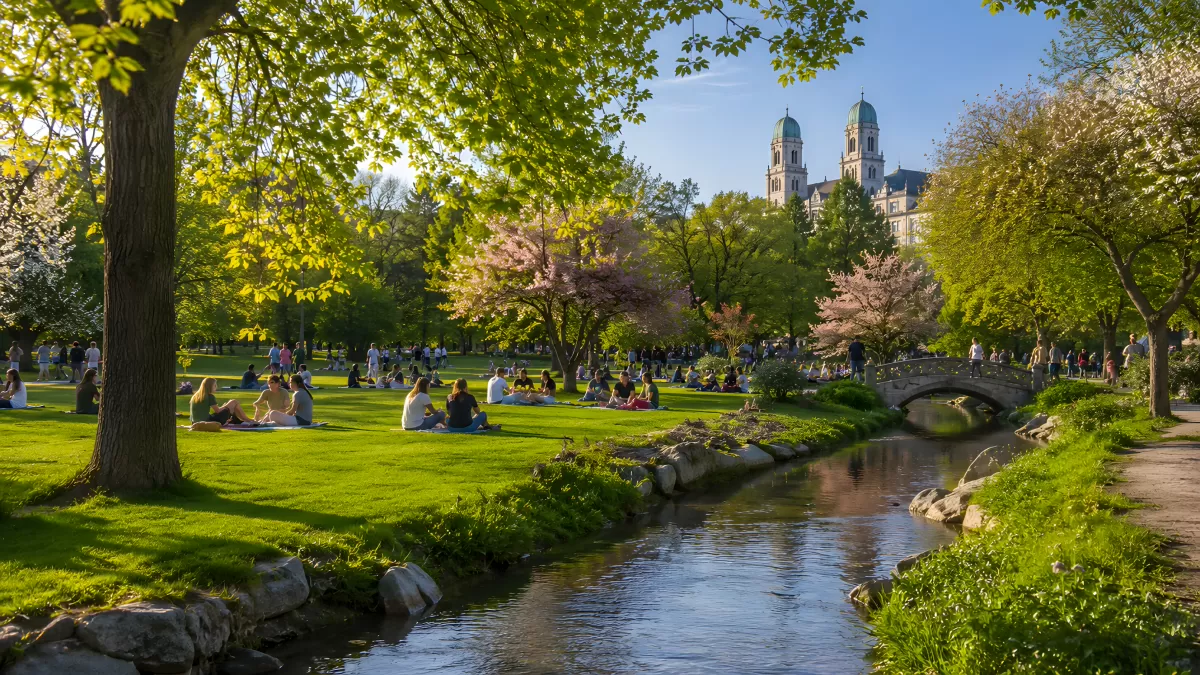 Frühlingstag im Stadtpark mit Bachlauf und Kirche — Bild kostenlos herunterladen