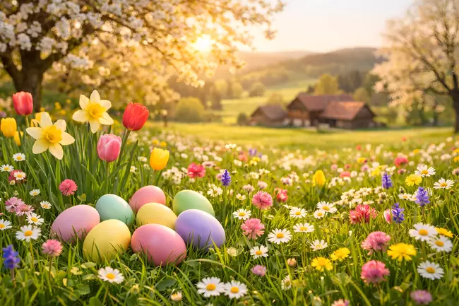 Frühlingszauber auf der Wiese - Bunte Ostereier im Blumenmeer